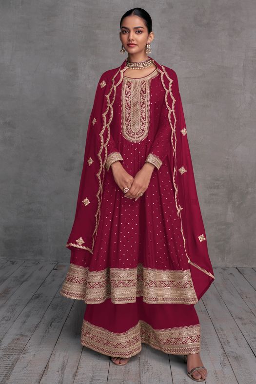 Red Embroidered Flared Style Georgette Sharara Suit