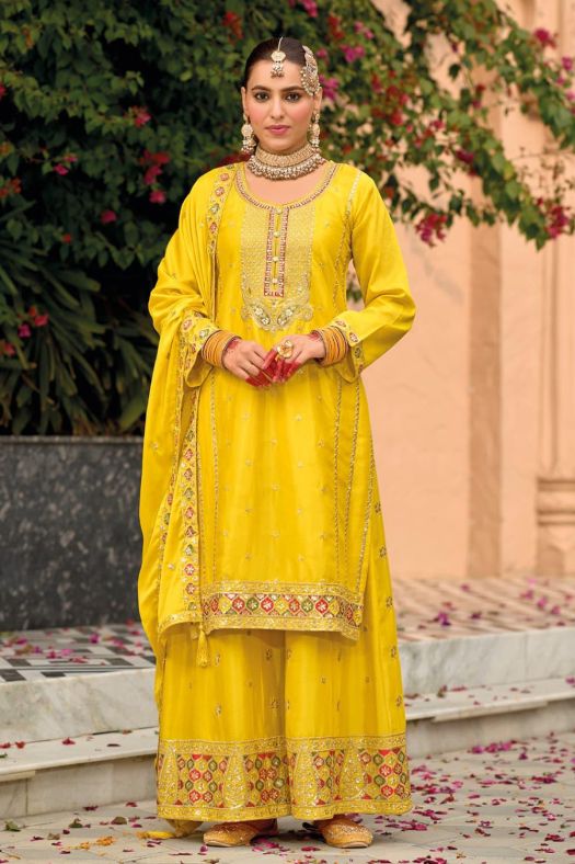 Yellow Chinnon Embroidered Sequins Palazzo Suit 