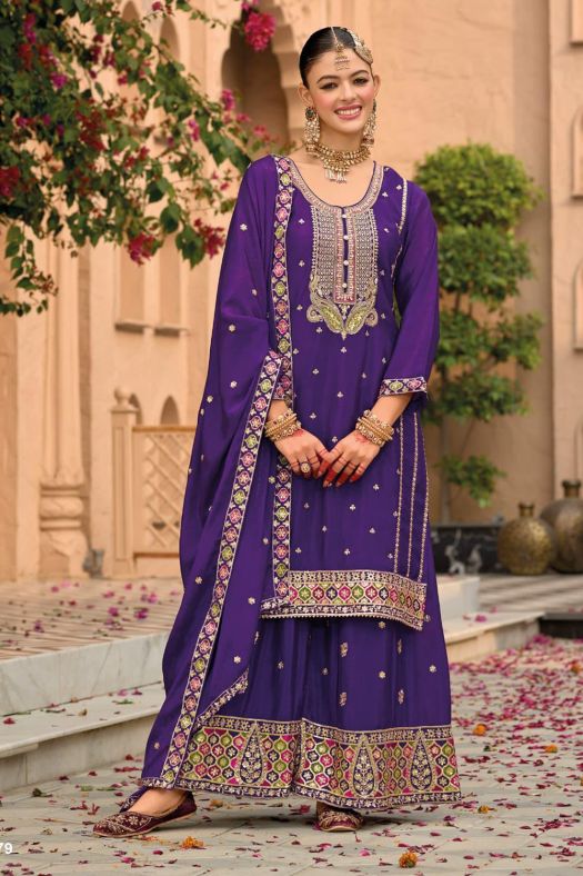 Violet Chinnon Embroidered Sequins Palazzo Suit 