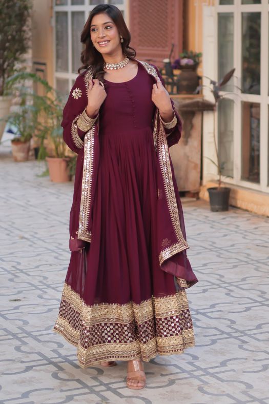 Maroon Sequins Embroidered Georgette Anarkali Suit