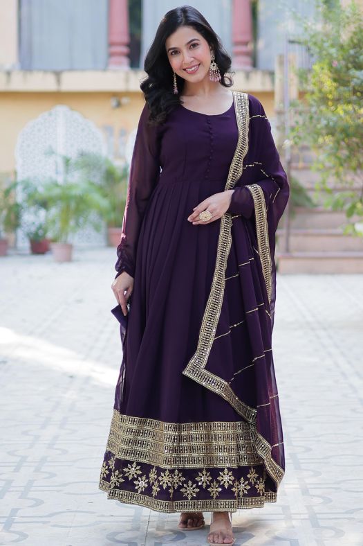 Purple Sequins Embroidered Georgette Anarkali Suit 