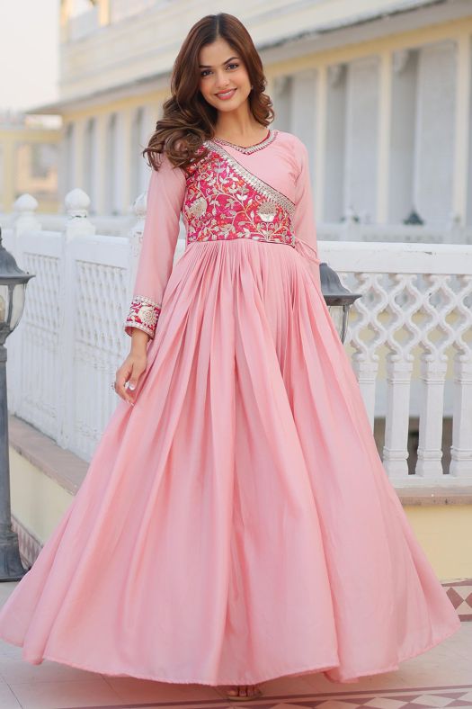 Pink Chinon Zari Embroidered Anarkali Gown