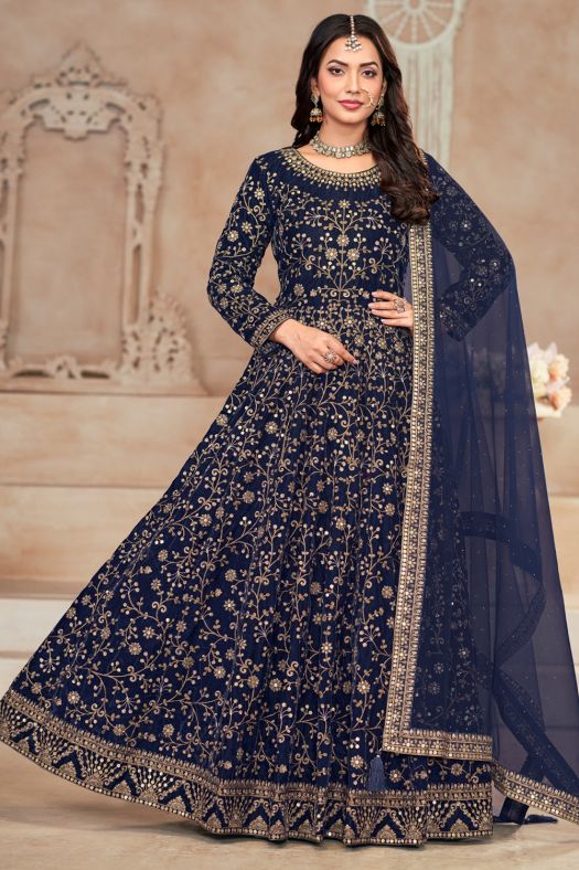 Navy Blue Velvet Embroidered Gown