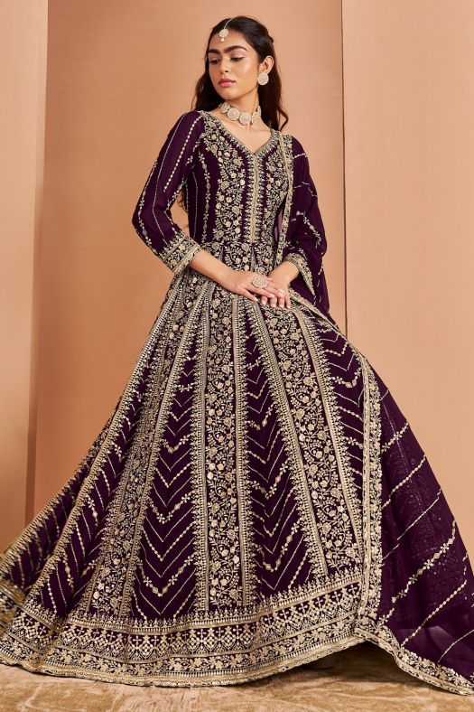Wine Georgette Embroidered Anarkali Suit with Dupatta