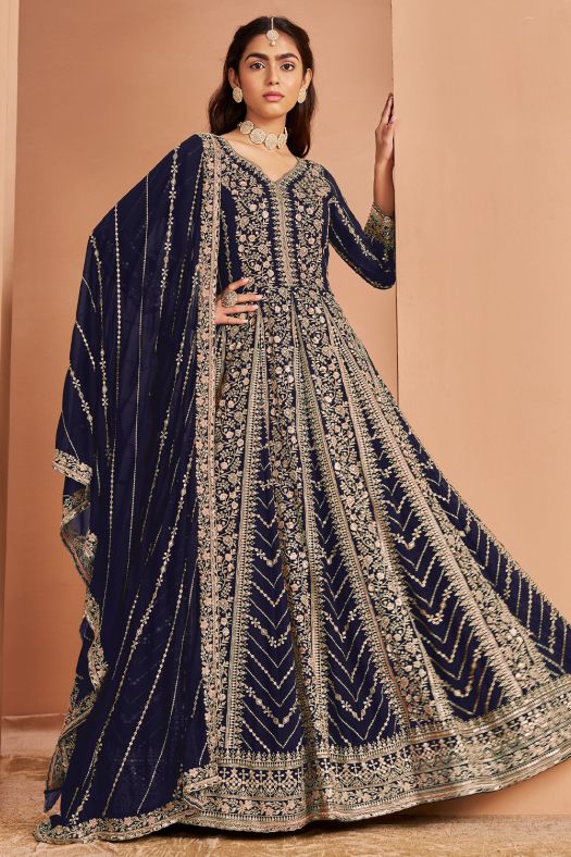 Navy Blue Georgette Embroidered Anarkali Suit with Dupatta