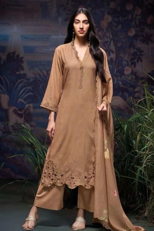 Brown Embroidered Cotton Salwar Suits 