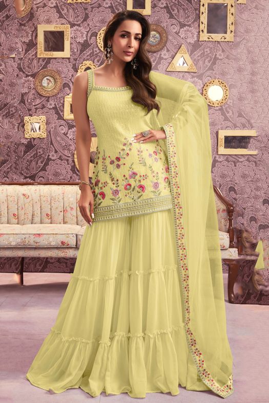 Light Yellow Georgette Embroidered Sharara Suit