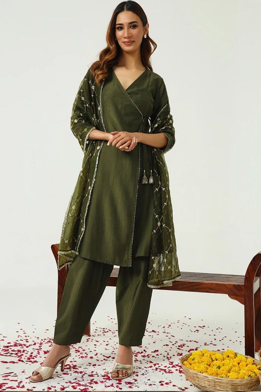 Green Silk Blend Angrakha Kurta