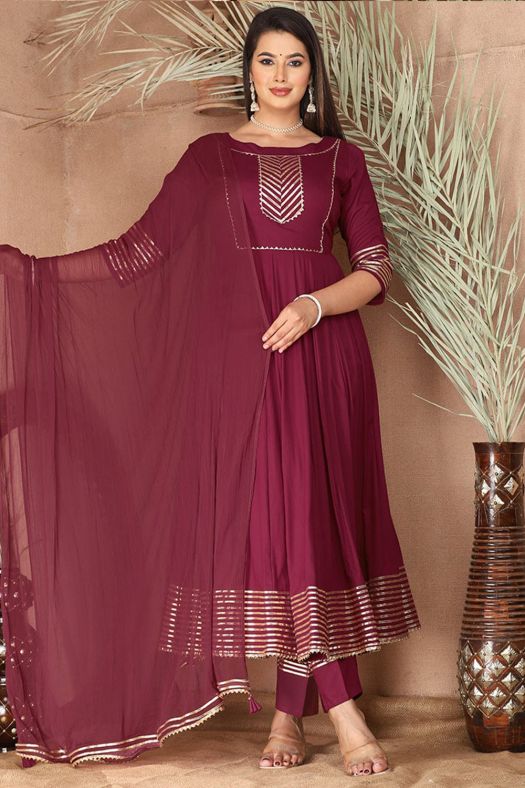 Maroon Embroidered Rayon Anarkali Suit 