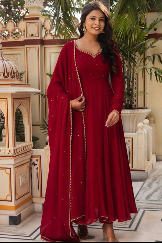 Maroon Embroidered Georgette Anarkali Suit