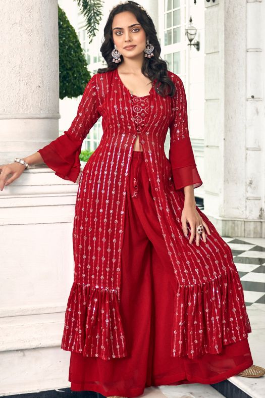 Red Georgette Sequins Work Shrug with Top and Palazzo 
