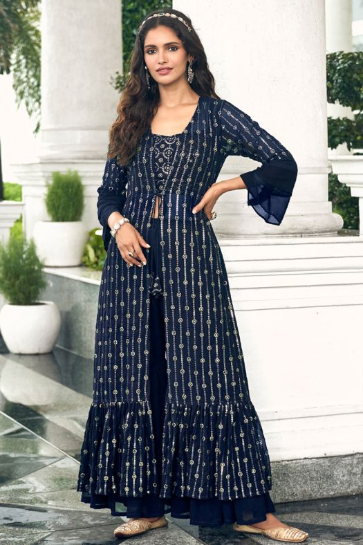 Navy Blue Georgette Sequins Work Shrug with Top and Palazzo 