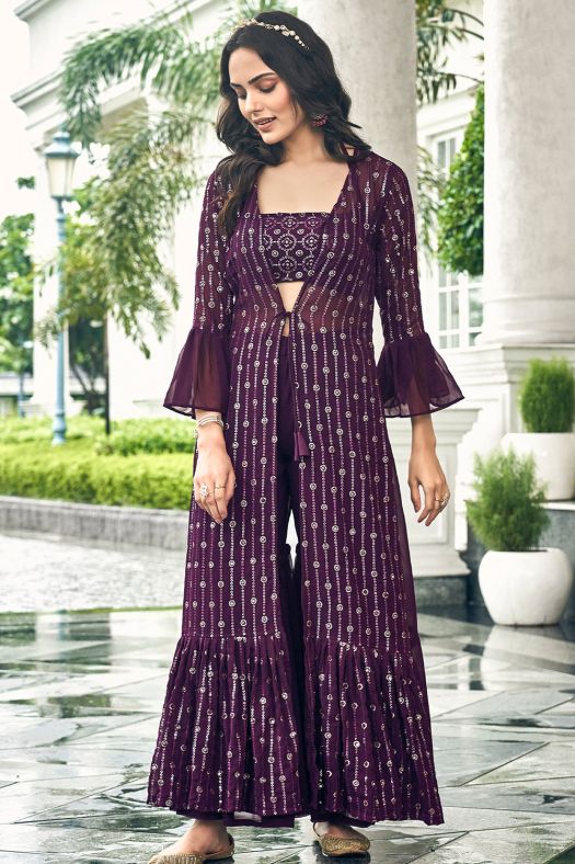Purple Georgette Sequins Work Shrug with Top and Palazzo 