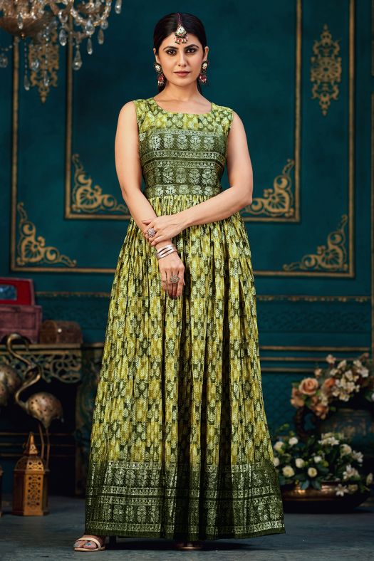Dark Green Multicolor Chinnon Silk Printed A line Gown