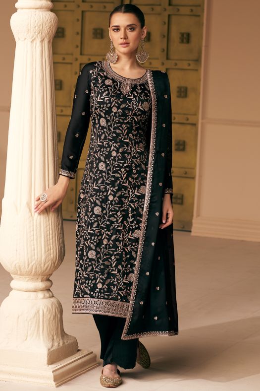 Black Zari Work Embroidered Silk Salwar Suit