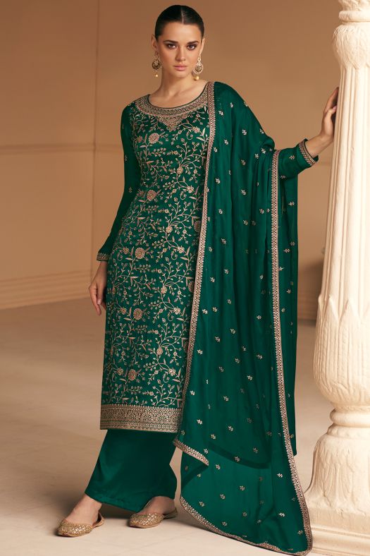 Deep Green Zari Work Embroidered Silk Salwar Suit