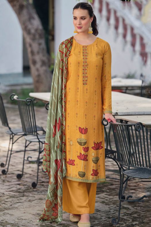 Mustard Yellow Bemberg Muslin Print With Embroidered Salwar Suit