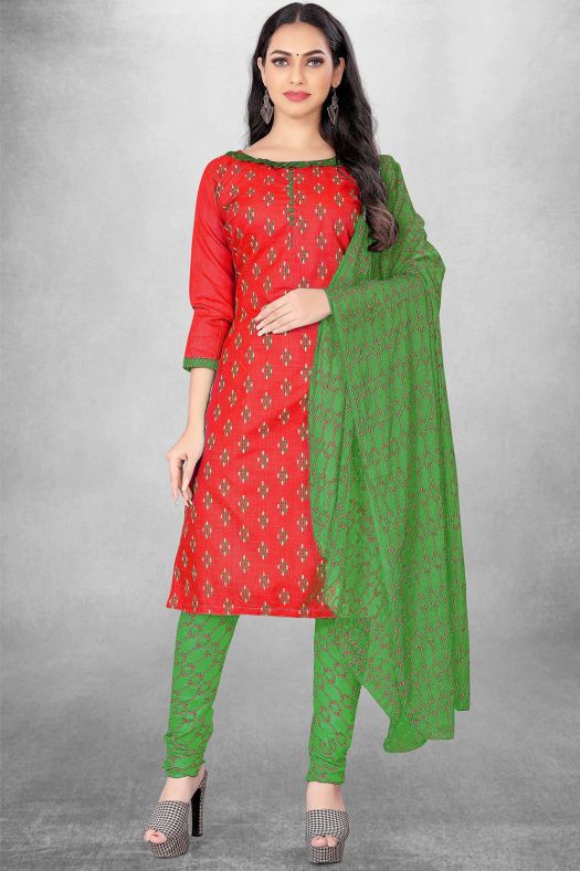 Red Cotton Printed Churidar Suit