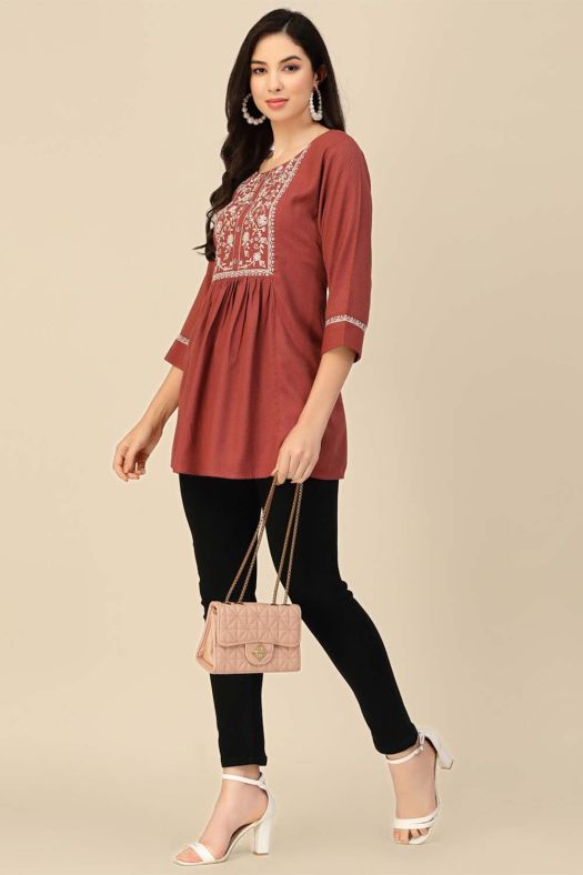 Brown Color Embroidered Short Kurti