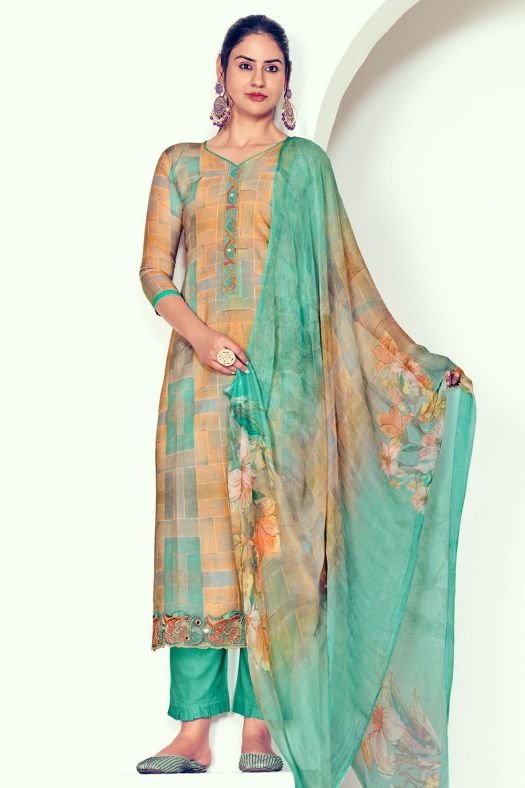 Beige Pure Cotton Salwar Suit With Digital Print