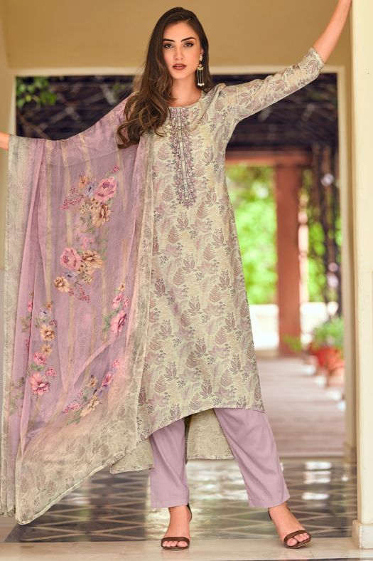 Cream Cotton Trouser Suit With Light Lavender Floral Print 