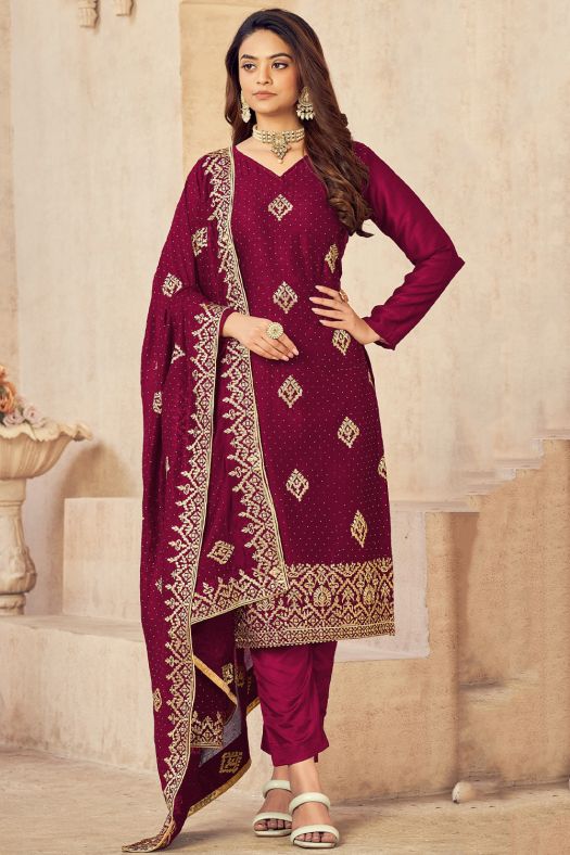 Maroon Embroidered Silk Trouser Suit