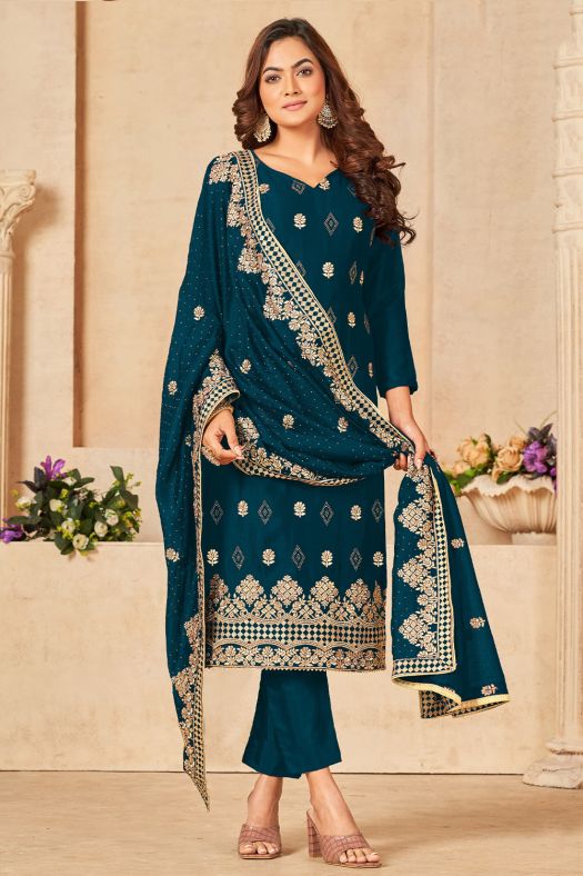 Blue Santoon Embroidered Trouser Suit