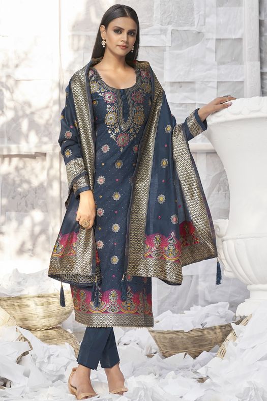 Navy Blue Woven Silk Trouser Suit