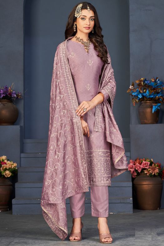 Light Mauve Dola Jacquard Embroidered Trouser Suit 