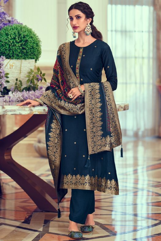 Prussian Blue Embroidered Straight Cut Jacquard Trouser Suit