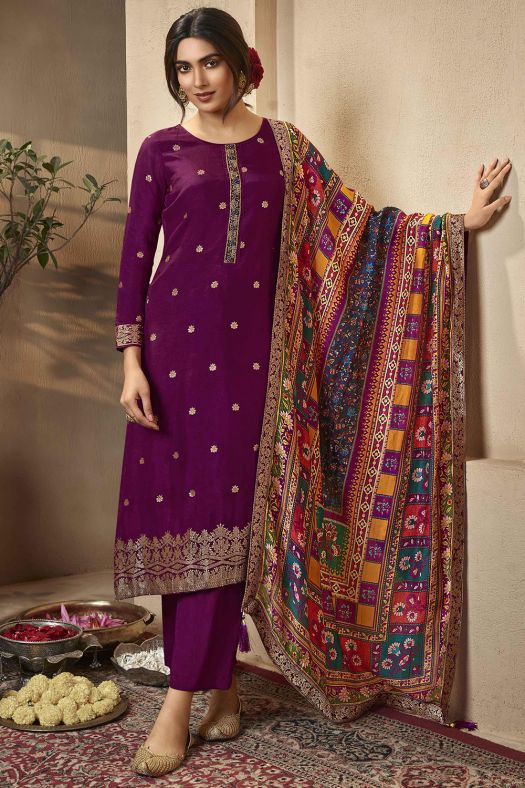 Plum Purple Jacquard Embroidered Straight Cut Trouser Suit