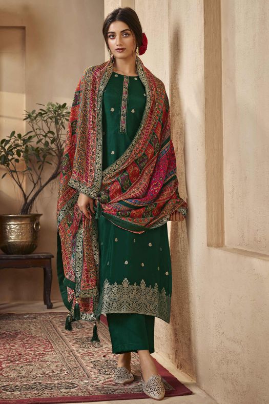 Dark Green Jacquard Embroidered Straight Cut Trouser Suit