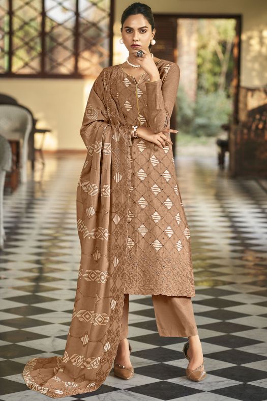 Brown Cotton Pakistani Embroidered Salwar Kameez