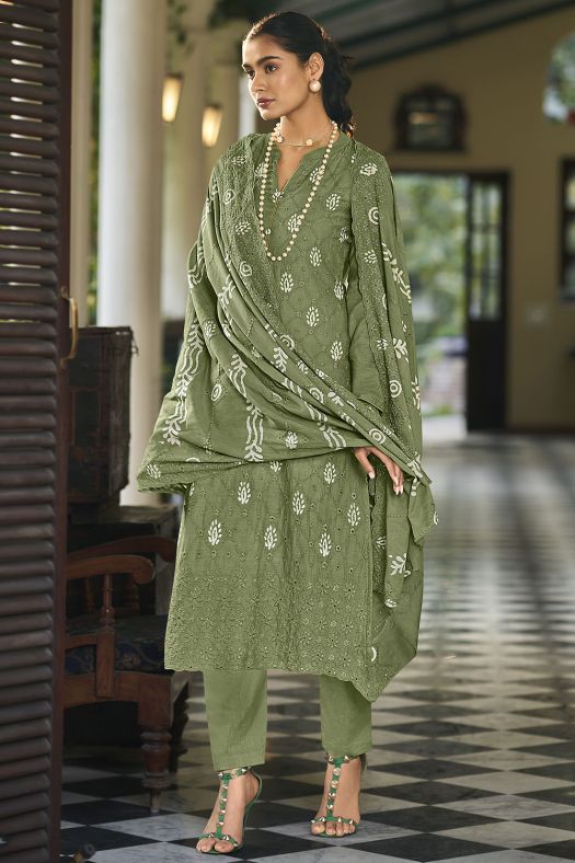 Olive Green Cotton Pakistani Embroidered Salwar Kameez