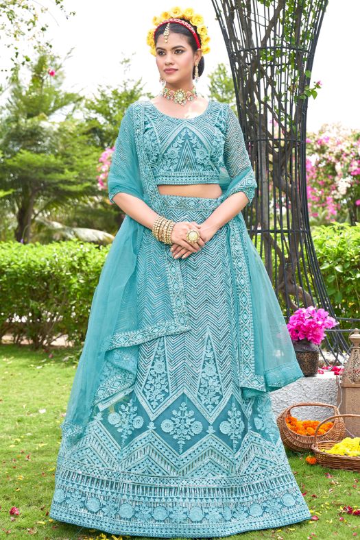 Turquoise Blue Resham Embroidered Net Lehenga Choli