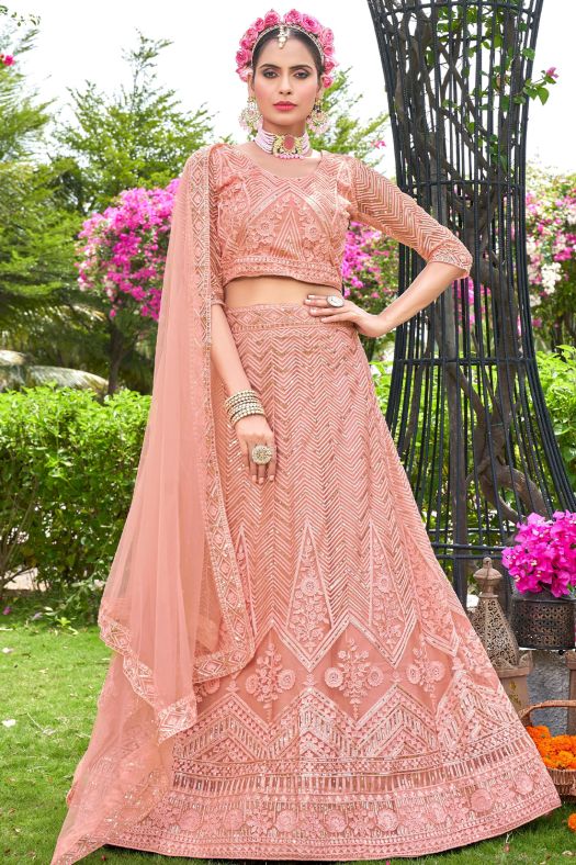Peach Resham Embroidered Net Lehenga Choli