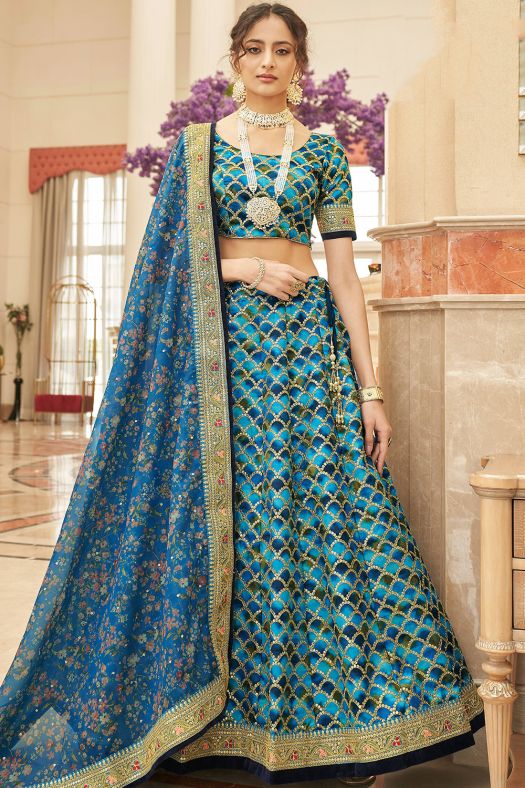 Blue Art Silk Embroidered A Line Lehenga Choli
