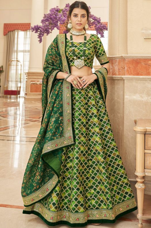 Green Art Silk Embroidered A line Lehenga Choli