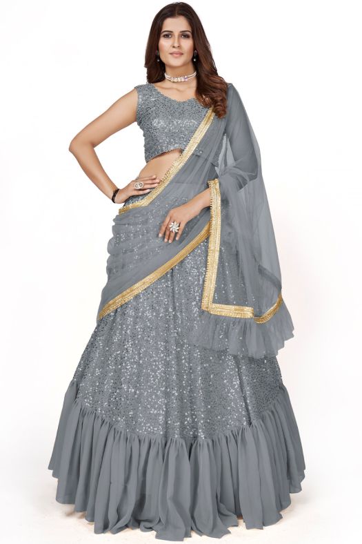 Grey Party Wear Lehenga Choli With Sequins Work