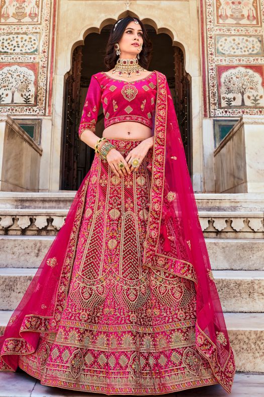 Magenta Pink Velvet Embroidered Lehanga Choli