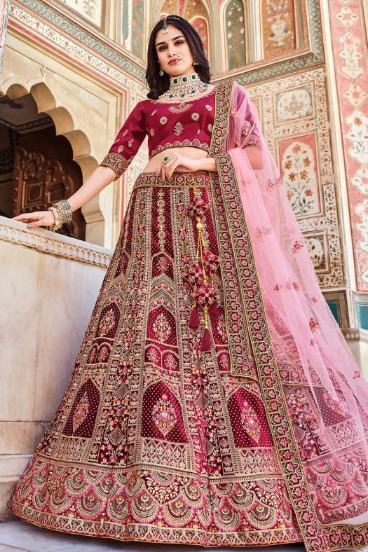 Maroon Velvet Embroidered Lehanga Choli