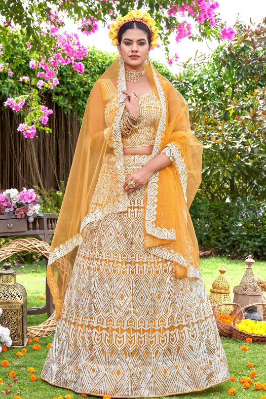 Orange Net Embroidered Lehanga Choli