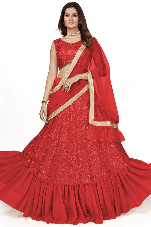 Bright Red Party Wear Lehenga Choli With Sequins Work