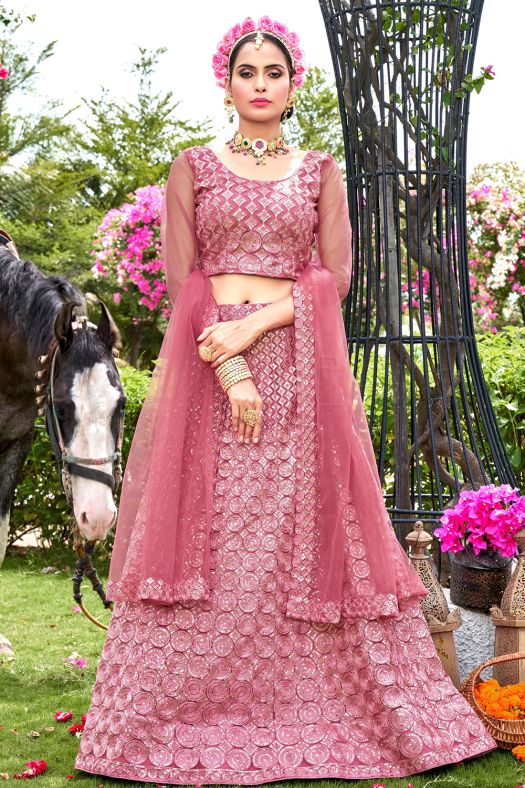 Pink Net Sequins Work Lehanga Choli with Heavy Embroidery