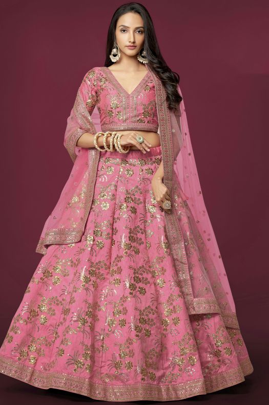 Pink Silk Sequins Work Lehanga Choli