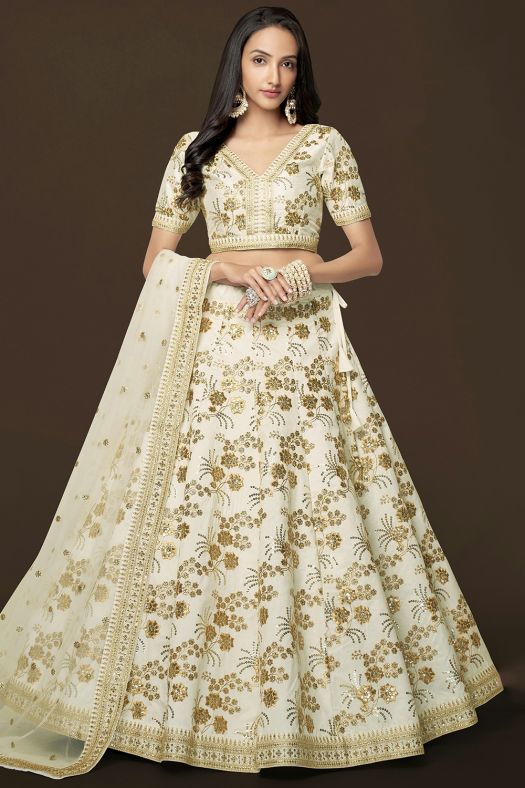 Cream Silk Sequins Work Lehanga Choli