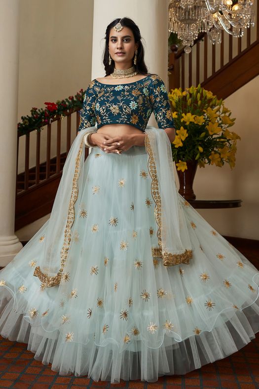 Powder Blue Embroidered Flared Net Lehenga