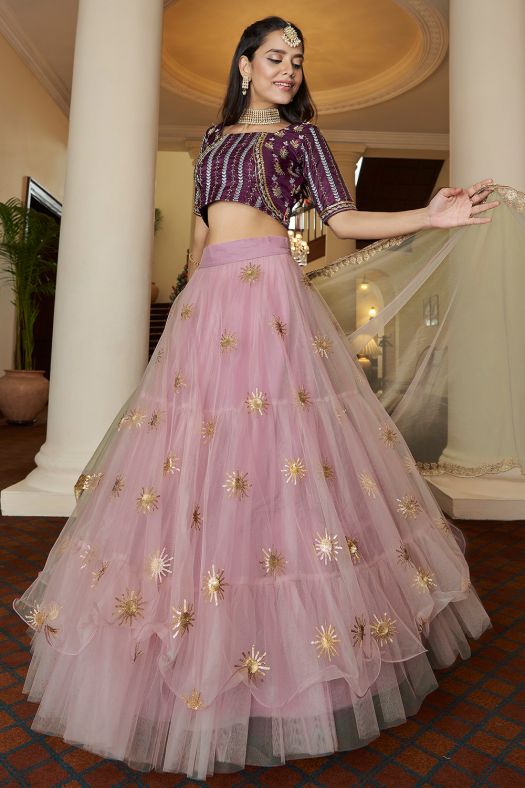 Pastel Pink Embroidered Flared Net Lehenga