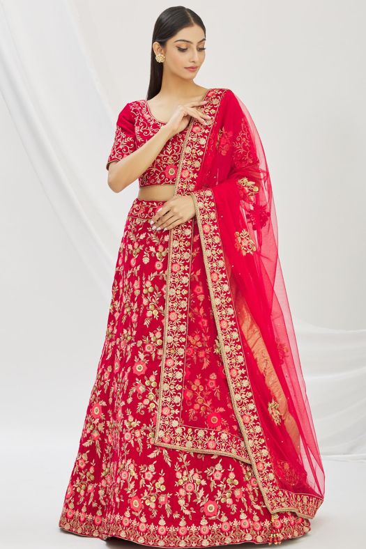 Red Embroidered A Line Lehenga