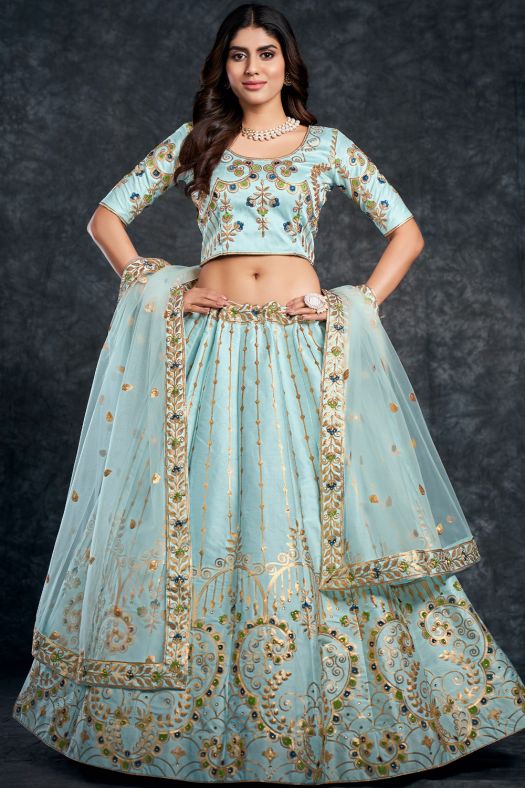 Powder Blue Embroidered Silk Lehenga